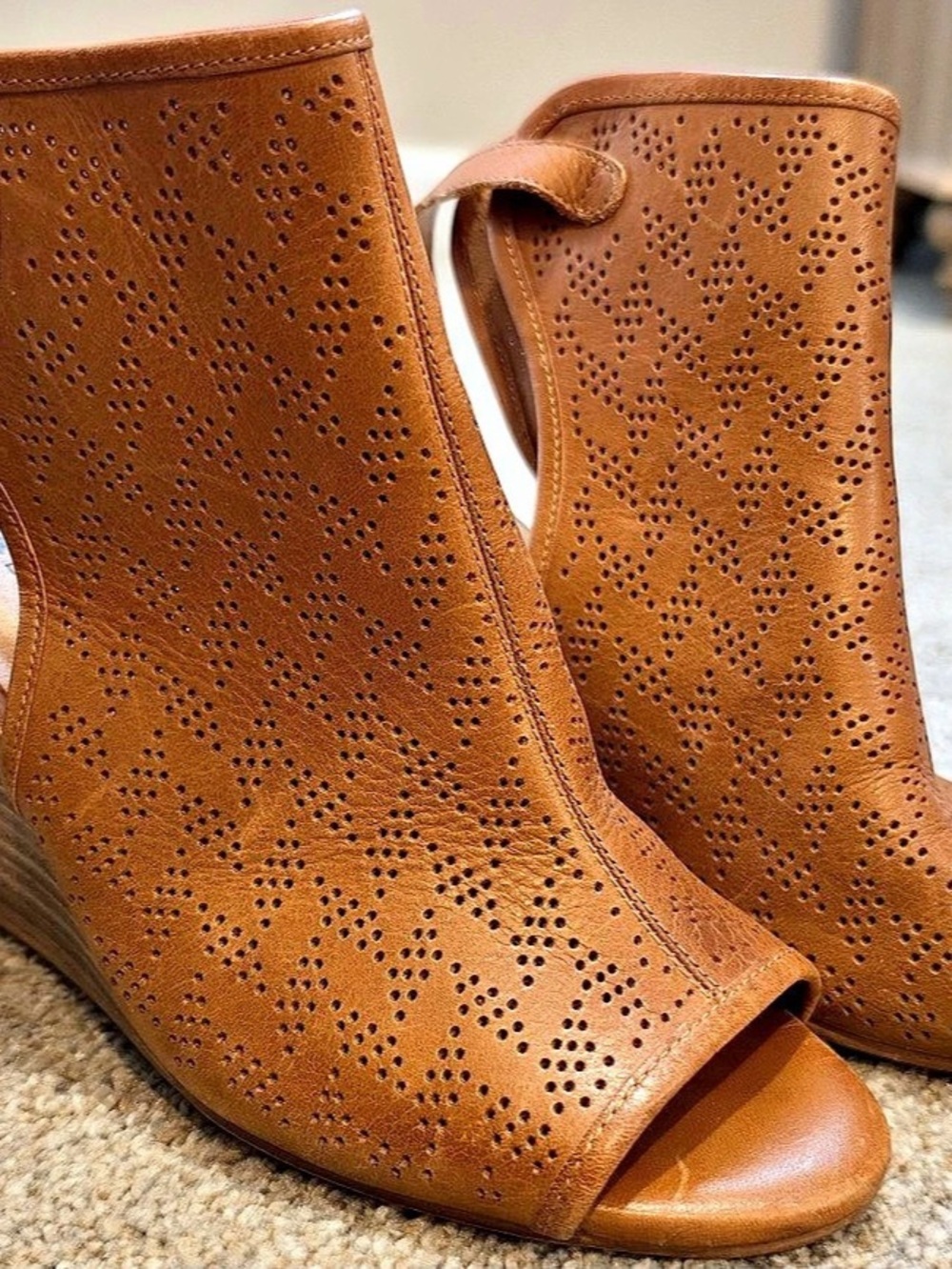 Lucky Brand Kasima Perforated Peep Toe Wedge Heels in Brown